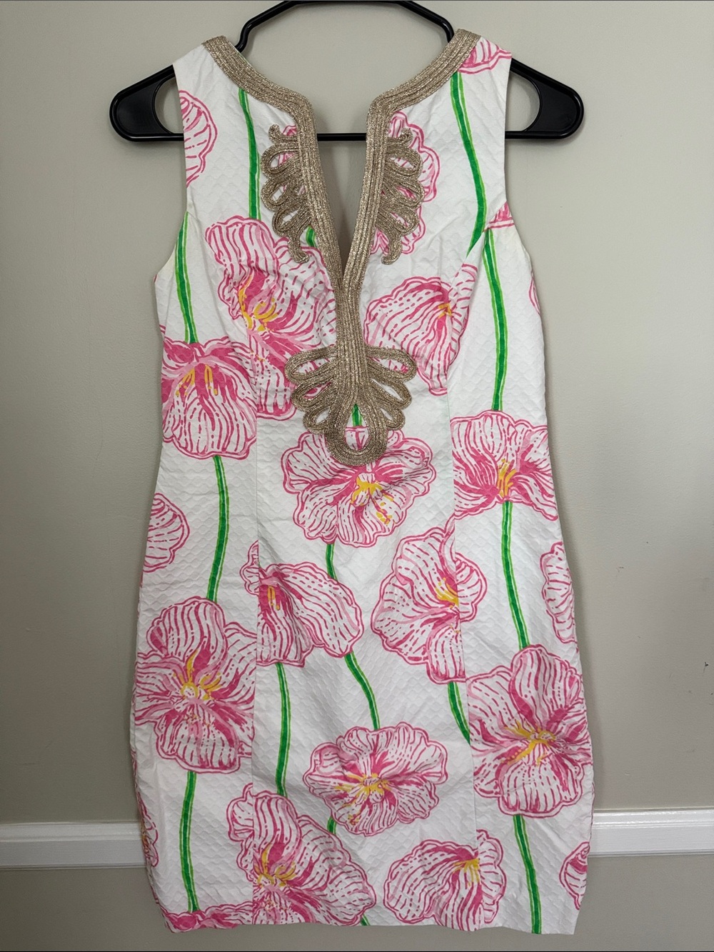 Lilly Pulitzer White Mini Dress with Pink Floral Print and Gold Trim